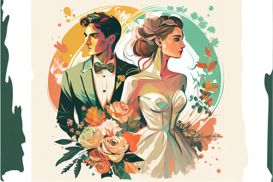 bride and groom in a modern watercolor inspired poster art, postcard themed, generative ai technology
