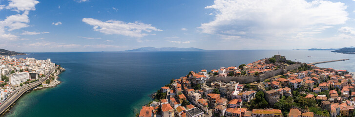 Naklejka na ściany i meble Panoramic aerial view of the city of Kavala, Greece. Ottoman Castle in the city old town.