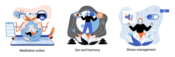 Meditation online. Self-management, self regulation learning, self-organization course, control over emotions metaphor Online yoga at home meditating. Deals with stress management, zen and harmony