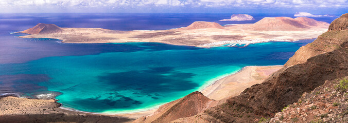 amazing nature scenery of Lanzarote island, popular spot Mirador del Rio with breathtaking view for...