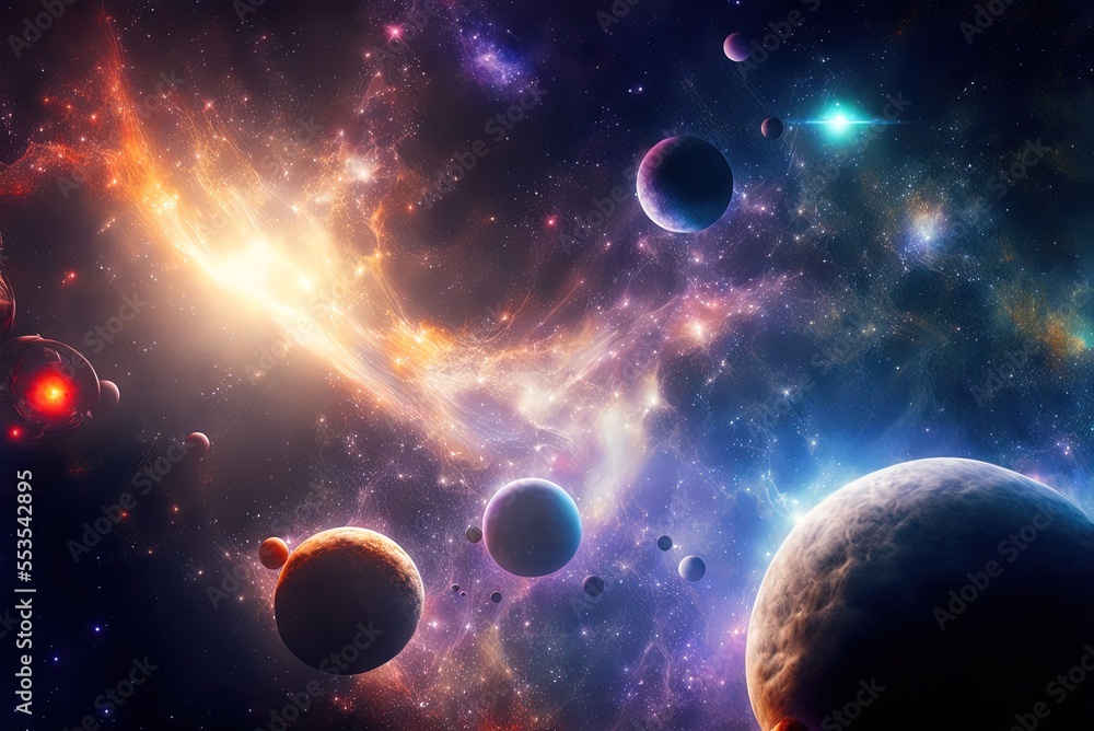 Poster the whole solar system and beyond in one panoramic space image. format for banners. distant nebulae 
