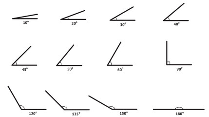 Angle degree grade icon. Angle 10, 20,30, 40, 45, 60, 90, 120, 135, 150, and 180 degree icon set. Angles templates. Stock vector. Vector Illustration. Vector Graphic. EPS 10 - obrazy, fototapety, plakaty