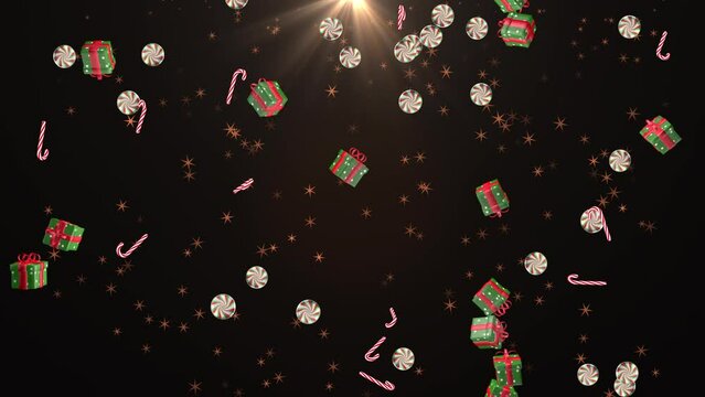 Christmas Lollipops and Gift Boxes on Alpha Channel. Christmas glitters. 3D background. Great use for  christmas related concepts.  Loopable animation for christmas and holidays.