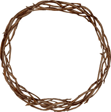 Watercolor wooden wicker wreath illustration. Hand drawn round frame with wood tree branches isolated on transparent background. Template for Christmas chaplet, Easter and spring design