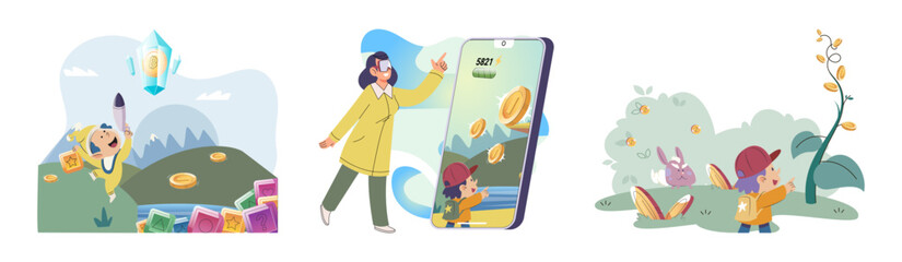 Play to earn, video games in which player can receive rewards with real value, blockchain projects. Cyber cartoon characters playing games to earn cryptocurrencies, trying to find money and power ups