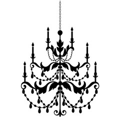 Black antique chandelier silhouette, illustration over a transparent background, PNG image