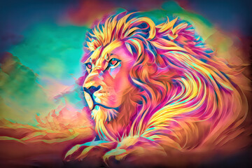 illustration of lion, abstract color background, Digital art.
