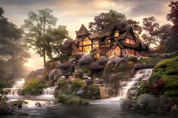 Fototapeta na wymiar dreamy house in lush forest environment with waterfall and calm weather created with using Generative AI Technology
