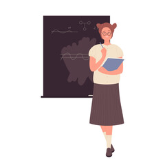 Nerd girl at school blackboard. Standing female geek holding books vector illustration