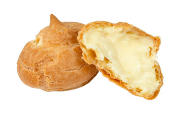 Cake cream puff with custard cream isolated on white background