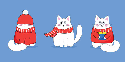 Set of cute new year cats. Vector illustration of cats. Merry Christmas drawing of cute kittens with accessories knitted hats, sweaters, scarfs with snowflakes on blue background