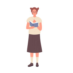 Standing nerd girl with open book. Female geek student reading vector illustration