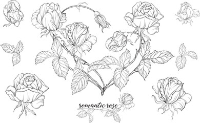 Vector set of flower compositions with rose flowers.Heart of flowers. - obrazy, fototapety, plakaty