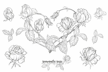 Vector set of flower compositions with rose flowers.Heart of flowers.