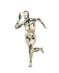 cyborg girl is running fast in action on white background