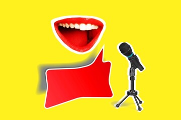 Creative collage, woman mouth and microphone