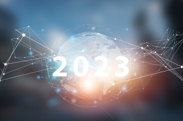 2023 numbers. New Year concept. Globe on city background