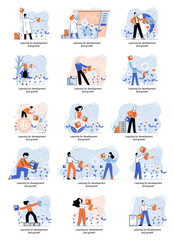 Learning development and growth. Self-learning metaphor, online emoloyee education distance e-learning. Skill improvement. Self development program way to success. Goal achieving professional training