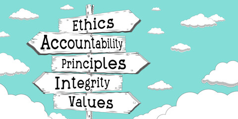 Ethics, accountability, principles, integrity, values - outline signpost with five arrows