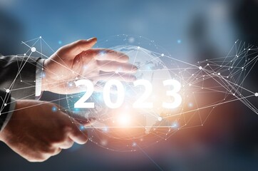 2023 numbers. New Year concept. Globe on city background