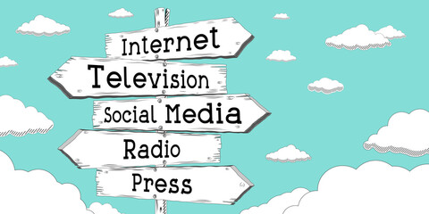 Internet, television, social media, radio, press - outline signpost with five arrows