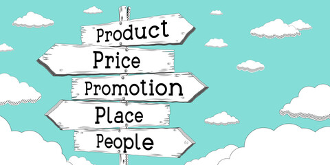 Product, price, promotion, place, people - outline signpost with five arrows