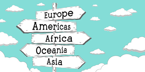 Europe, Americas, Africa, Oceania, Asia - outline signpost with five arrows © PX Media