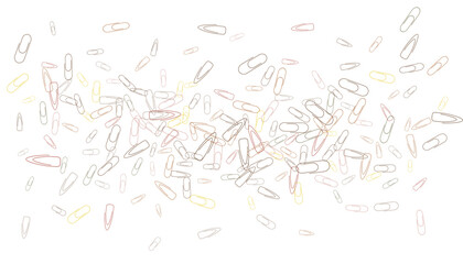 Paper clips are scattered on a white background. Decorative element. Background for design, school and office supplies