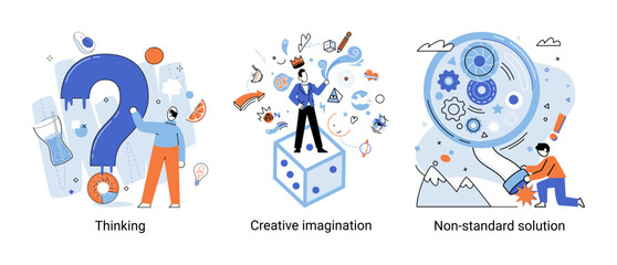 Creative thinking. People with different mental mindset types or model creative. Imaginative logical and structural thinking. MBTI person metaphor. Non standart solution. Brain think people solve idea