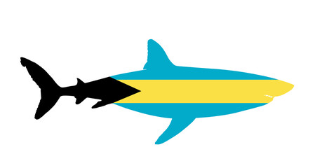 Bahamas flag Great white shark vector silhouette illustration isolated white background. Sea predator. Danger on beach alert. Open jaws beast. Divers and swimmers fear. Under water alert ocean killer.
