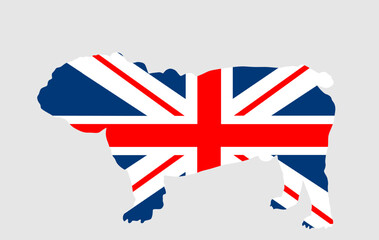 Great Britain flag over English bulldog national animal symbol vector silhouette illustration isolated. United Kingdom badge. Commonwealth Empire emblem patriotic banner. England dog breed pet animal.