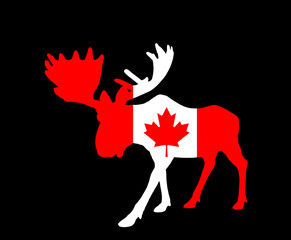 Patriotic emblem Canada flag over Moose deer vector silhouette illustration isolated on black background. Elk buck powerful deer antlers. Canadian national symbol. Souvenir mascot North America state.