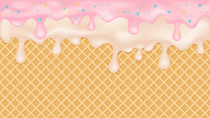 Double strawberry and vanilla ice cream melted on a waffle cone background.
