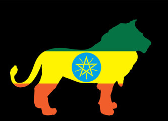 Ethiopia flag over lion animal vector silhouette illustration isolated on black background. Lion shape shadow national animal symbol of Ethiopia. State in Africa continent. Safari tourism invite. 