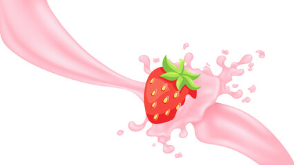 Splash of milk or fruit yogurt with strawberries. Vector illustration.