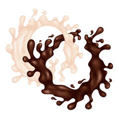 chocolate and milk splash isolated on white background.