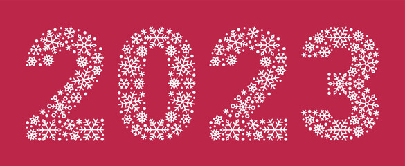 2023 number made from white snowflakes on viva magenta background. Decorative element for Christmas and New Year design. Vector graphics