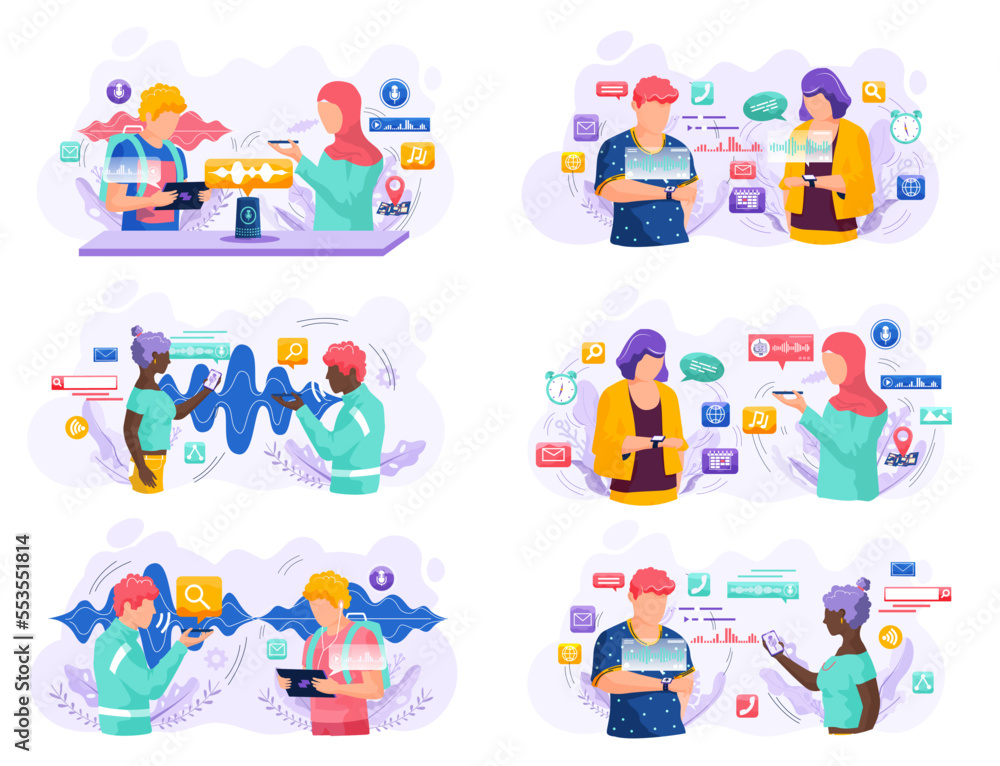 Poster voice assistant. smart speaker virtual assistant, sound robot, people using voice controlled smart s