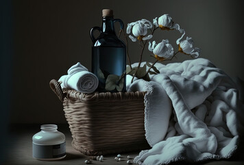 Fototapeta na wymiar a basket with white cotton towels and a gray porcelain bottle. Generative AI