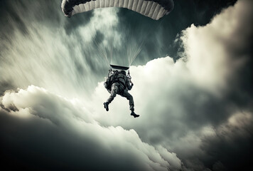 Naklejka na ściany i meble A person parachuting down is seen in a low angle against the gorgeous overcast sky. Generative AI
