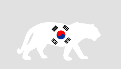 South Korea flag over tiger national animal vector silhouette illustration isolated on white background. South Korea patriotic emblem. Tiger shape shadow.