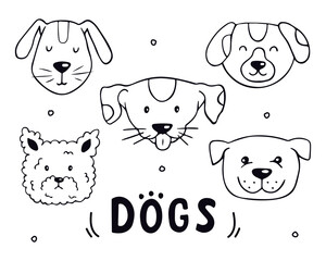 Cute dog faces in doodle style. Vector set