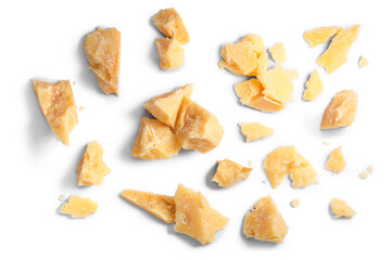 Hard mature cheese (Parmesan, Parmigiano), rough pieces top view isolated png - obrazy, fototapety, plakaty