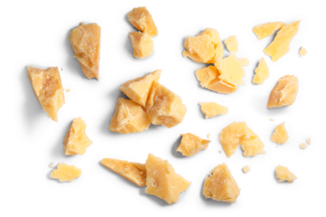 Hard mature cheese (Parmesan, Parmigiano), rough pieces top view isolated png