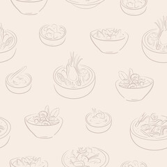 Seamless pattern with hand drawn asian soup bowls