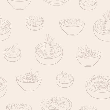 Seamless pattern with hand drawn asian soup bowls