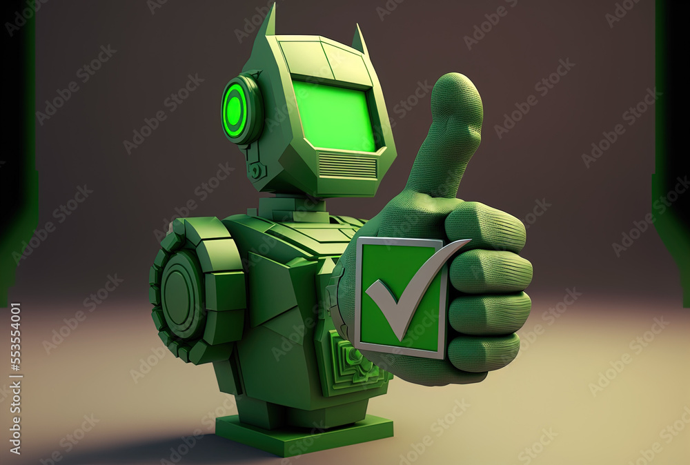 Poster robot hand with an artificially intelligent green checkmark. generative ai