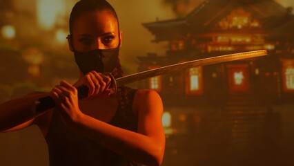 Young and beautiful ninja girl in a mask and with a katana. Samurai woman on the background of Japanese temple. © Acronym