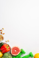 Proper diet concept. Top view vertical photo of plate with vegetables fruits bell pepper cauliflower cucumber grapefruit almonds cashew nuts and dumbbells on isolated white background with copyspace