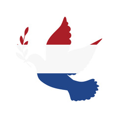Dove symbol of peace and flag of Netherlands. Dove with Netherlands flag color. World support for Netherlands. Peace symbol isolated. Vector illustration